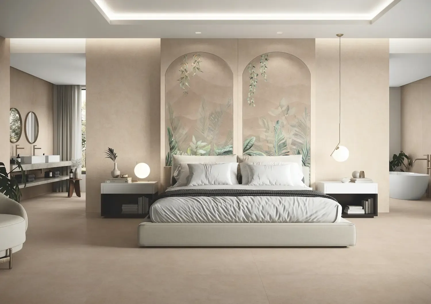 Beige floor and wall tiles in a bedroom