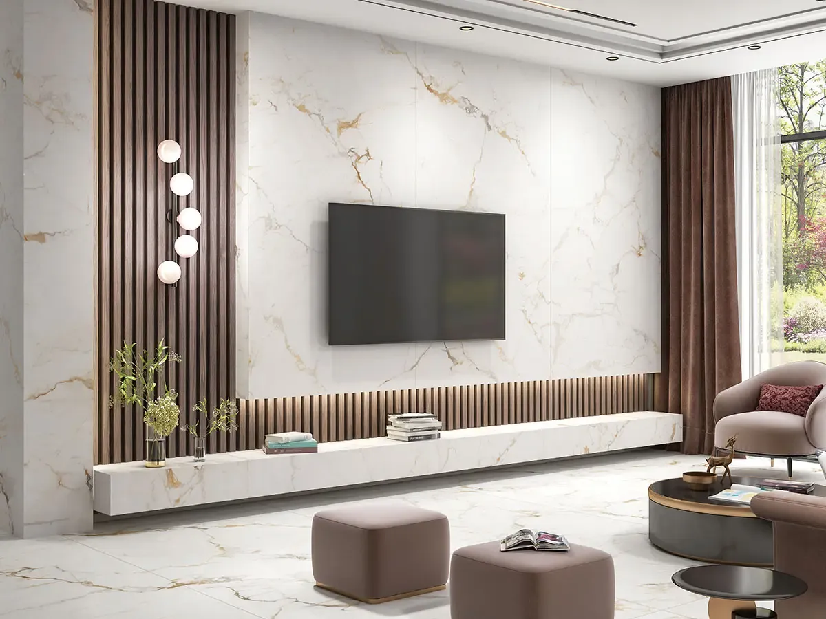 Marble-look wall and floor tiles in a living room