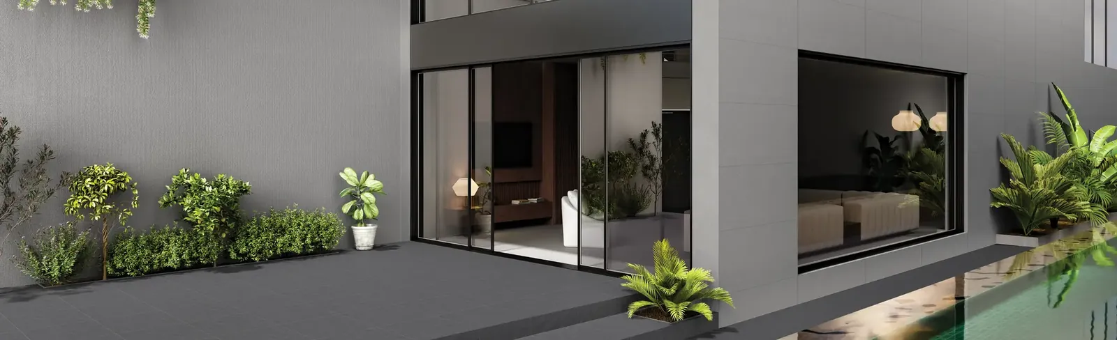 Dark outdoor floor tiles and grey wall cladding