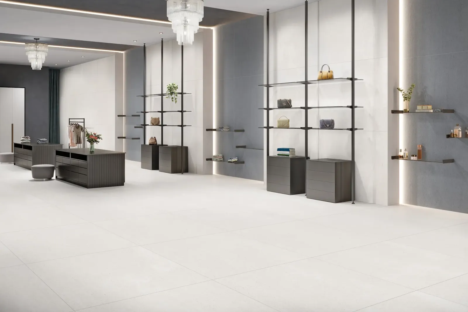 Large-format white tiles on a showroom floor