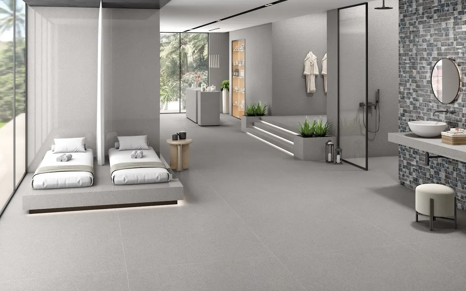 Grey large-format tiles in a bathroom